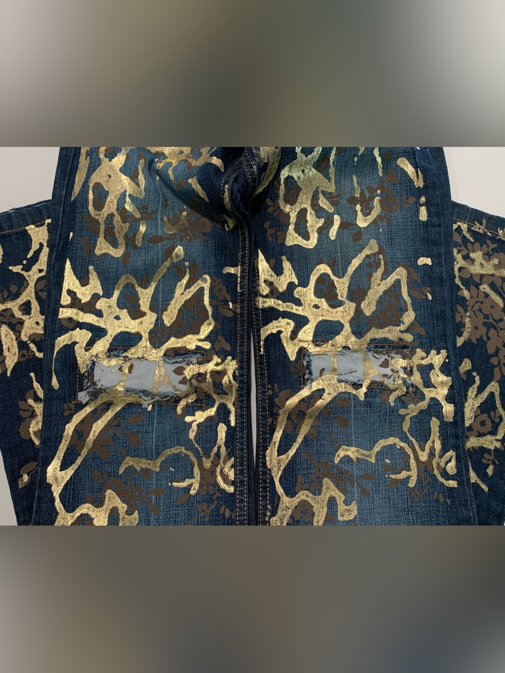 NWOT Waggon Paris Y2K Gilded Metallic Gold Paint Distressed Jeans, VTG Grunge 28 - Picture 5 of 16